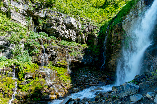 This is a view of a raging waterfall along the trail leading to Mount Timpanogos in northern Utah.  Also visible are many smaller waterfalls descending from an intersecting cliff.  This shot was taken during the height of summer after a very wet winter and spring.  The mountains are covered in lush green foliage.  The incredible amounts of snow have left behind gushing streams that include dramatic waterfalls like this one. In this shot the largest waterfall is in shadow while the surrounding cliffs are lit with sunlight.