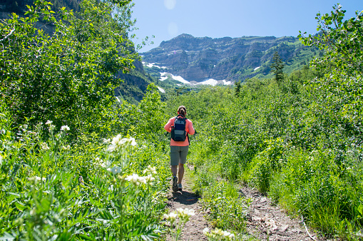 This is a view of the trail leading to Mount Timpanogos in northern Utah.  This shot was taken during the height of summer after a very wet winter and spring.  The mountains are covered in lush green foliage and some snow remains in the shadowy crevices of the peaks.  A female model is seen on the trail her back to the camera and carrying a backpack.