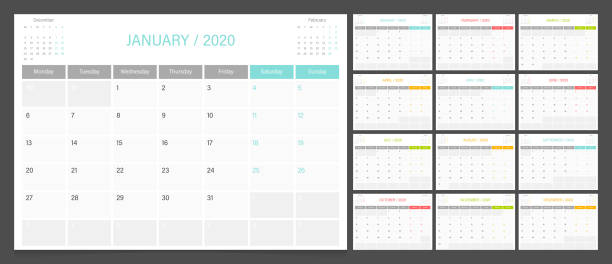 календарь планировщик 2020 дизайн шаблон недели начинаются в понедельник. - backgrounds printout business paper stock illustrations