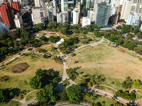 Aerial Skyline of Sao Paulo city and Parque do Povo. Itaim Bibi district, Brazil
