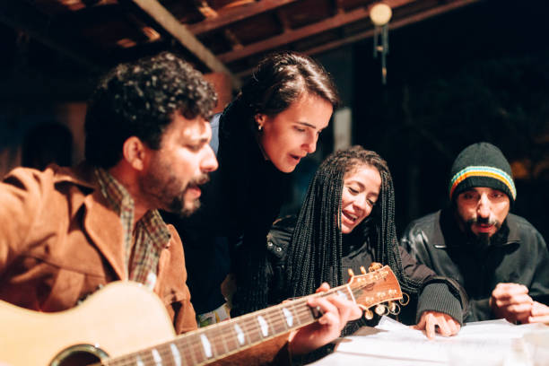 Group of friends having a fun music time together