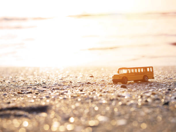 giocattolo scuolabus sulla sabbia sullo sfondo della spiaggia al tramonto. - school bus defocused education bus foto e immagini stock