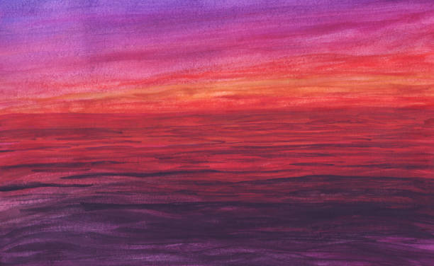 istock Orange purple sunset in ocean in gouache 1163264658