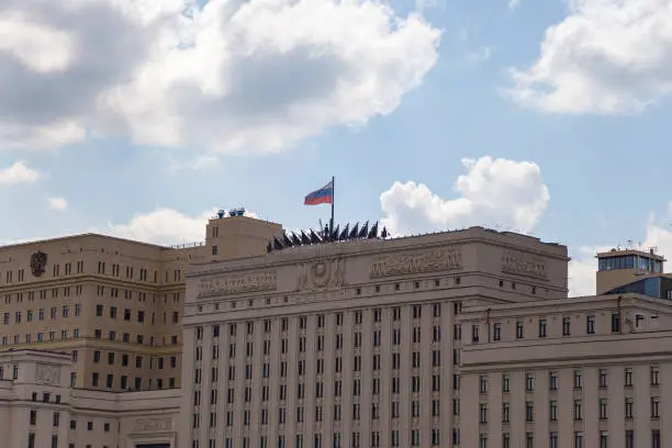 Main Building of the Ministry of Defence of the Russian Federation (Minoboron), day-- is the governing body of the Russian Armed Forces. Moscow, Russia