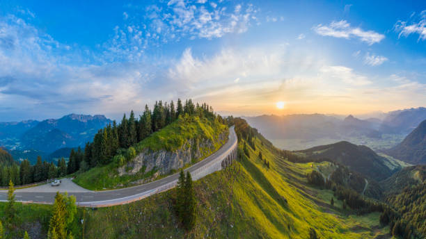 Aerial panorama of Rossfeld mountain panoramic road, Berchtesgaden, Germany Bavaria, Berchtesgaden, Berchtesgadener Land, Germany, sunrise steep stock pictures, royalty-free photos & images