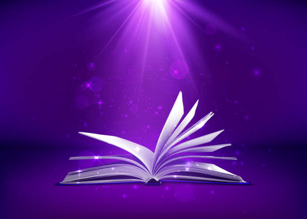 istock Mystery open book. Fantasy book with magic light sparkles and stars. Vector illustration in purple colors 1163290178