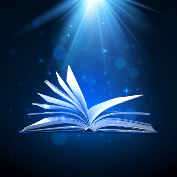 Open magic book on blue background. Fantasy light and sparkles. Vector illustration Open magic book on blue background. Fantasy light and sparkles. Vector illustration bible art library stock illustrations