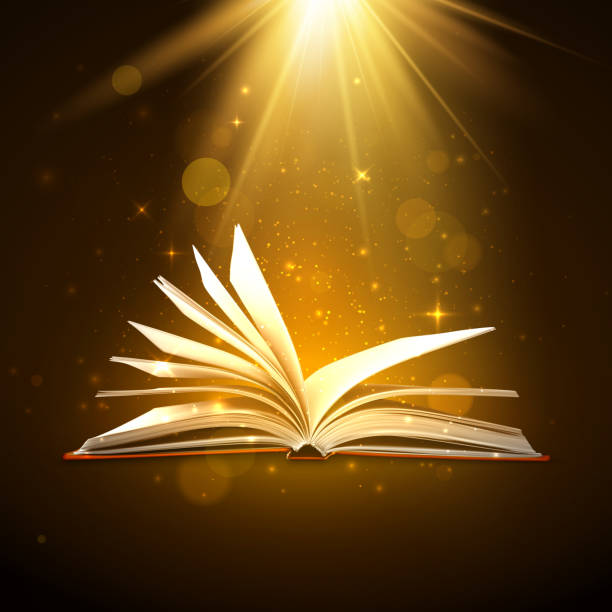 Open book with shining pages in brown colors. Fantasy book with magic light sparkles and stars. Vector illustration Open book with shining pages in brown colors. Fantasy book with magic light sparkles and stars. Vector illustration bible art library stock illustrations