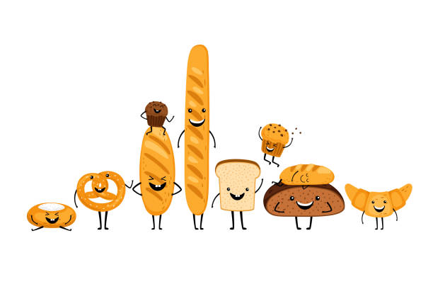 Doodle bread characters set Doodle smiling bread characters set isolated on white background. Vector illustration croissant illustrations stock illustrations