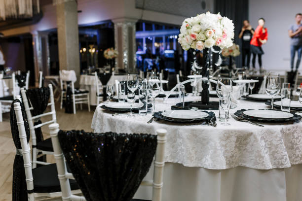 istock Beautifully decorated tables for guests. Wedding preparation catering service 1163297842