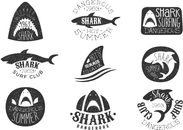 Vector illustration of Dangerous Shark Surf Club Set Of Black And White Prints