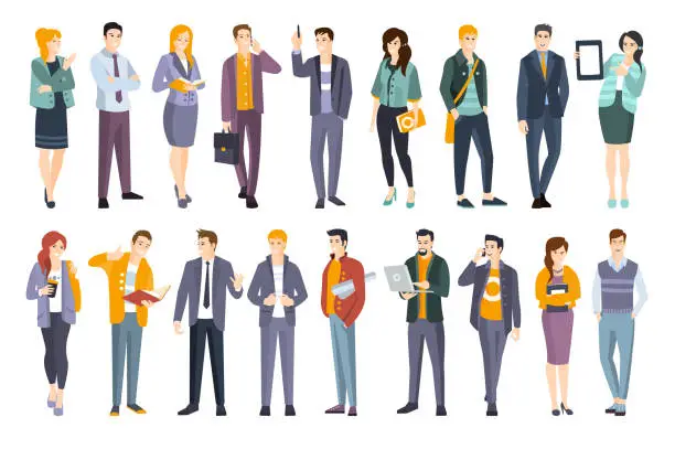 Vector illustration of Young Professional Confident People Set. Man And Women Wearing Modern Dress Code Office Clothing Flat Illustrations