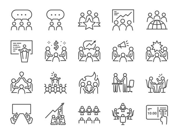 zestaw ikon linii spotkania. zawiera ikony jako sala konferencyjna, zespół, praca zespołowa, prezentacja, pomysł, burza mózgów i wiele innych. - conference stock illustrations