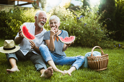 Cheerful mature couple having fun while eating watermelon during picnic day in their backyard.