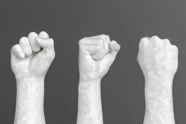 Hand Fist white sculpture set isolated, human rights, protest and revolution concept, 3d illustration
