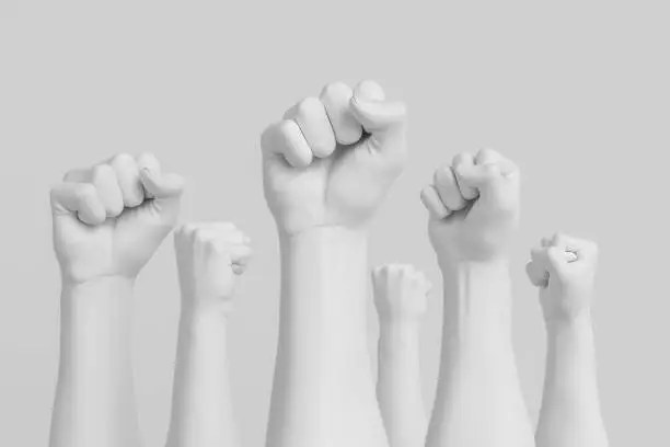 Fist in the air white background, revolution and protest concept, demanding crowd, 3d illustration