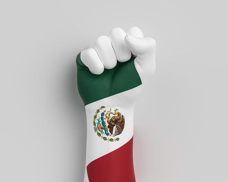 Mexico 16 September Independence day celebration background, national Mexican flag painted on hand fist. 3d illustration