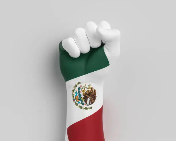 Mexico 16 September Independence day celebration background, national Mexican flag painted on hand fist. 3d illustration