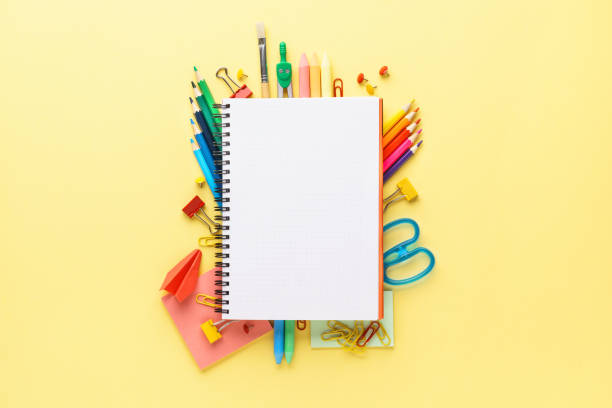 Colorful school stationery and supplies on yellow background. Colorful school stationery and supplies collection on yellow background. Back to school concept. Copy space. school supplies photos stock pictures, royalty-free photos & images