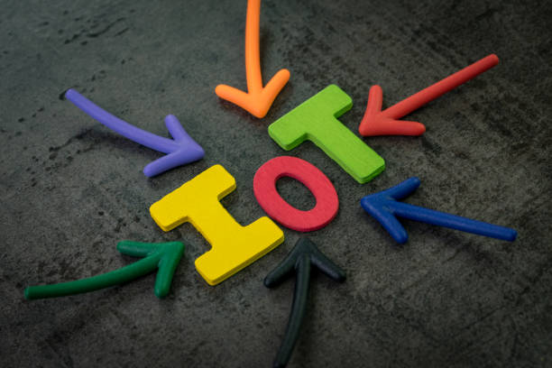 istock IoT, Internet of things, devices that can connect to the internet concept, multi color arrows pointing to the word IoT at the center of black cement chalkboard wall 1163308658