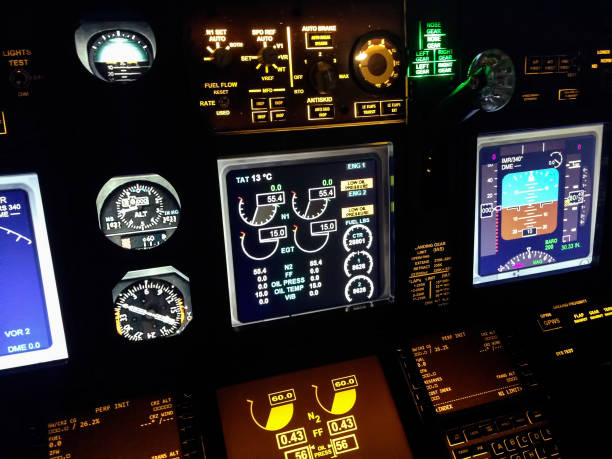 una vista de la cabina - commercial airplane throttle lever cockpit fotografías e imágenes de stock