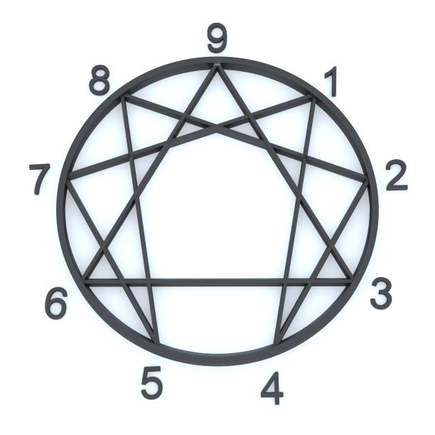 schwarzes enneagramm - zahlen 1 bis 9 und weißer hintergrund - number 4 number three dimensional shape text stock-fotos und bilder