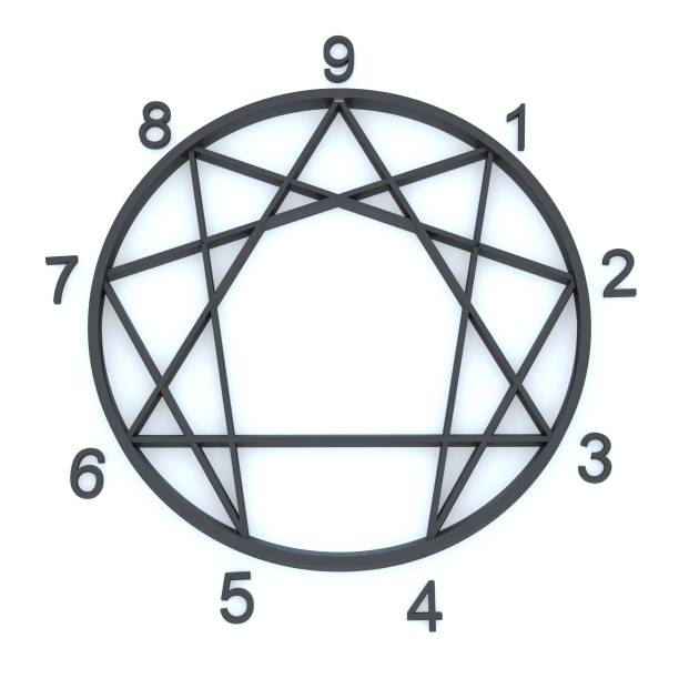 블랙 enneagram - 숫자 1에서 9 및 흰색 배경 - number 4 number three dimensional shape sign 뉴스 사진 이미지