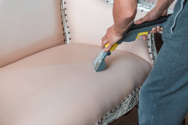 istock Dry cleaner's employee hand is cleaning classical sofa with professionally extraction method. 1163314185