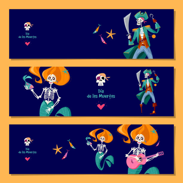 Set of 3 universal horizontal banners with Skeletons of Mermaid and Pirate. Dia de Muertos (Day of the Dead). Template. Set of 3 universal horizontal banners with Skeletons of Mermaid and Pirate. Dia de Muertos (Day of the Dead). Template. Vector illustration. mermaid dress stock illustrations
