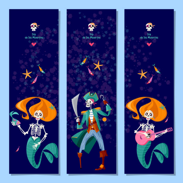 Set of 3 universal greeting cards  and bookmarks with Skeletons of Mermaid and Pirate. Dia de Muertos (Day of the Dead). Template. Set of 3 universal greeting cards  and bookmarks with Skeletons of Mermaid and Pirate. Dia de Muertos (Day of the Dead). Template. Vector illustration. mermaid dress stock illustrations