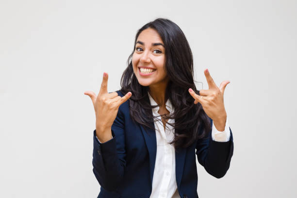 istock Happy businesswoman gesturing with hands 1163315048