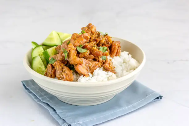Stir-Fried Chicken with Rice and Cucumber in a White Bowl on White Background. Chinese Food Photography.