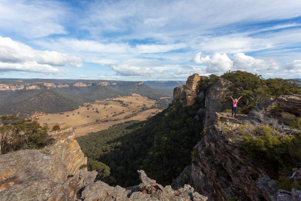 adventurous female hiker on top of mountain - conquering adversity wilderness area aspirations achievement imagens e fotografias de stock