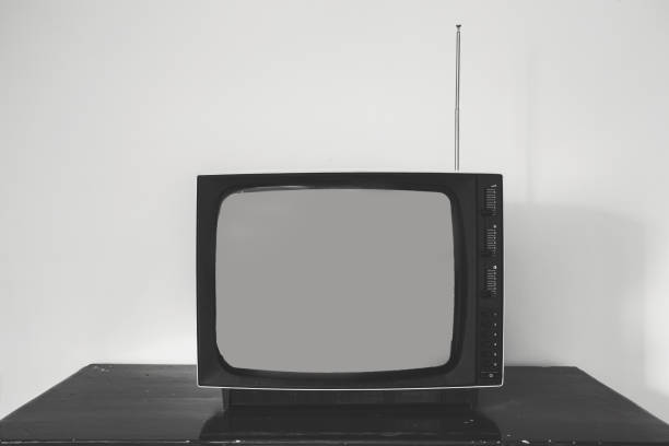 istock Retro old television receiver on the table front, vintage design black and white 1163319703