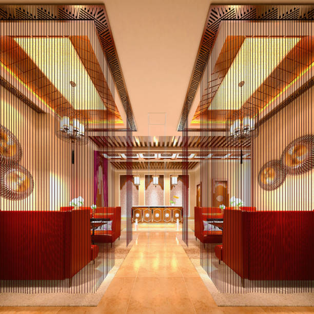 Row of table and seats in a modern restaurant interior.