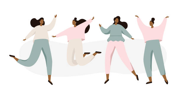 группа счастливых танцующих женщин на белом фоне. прыжки и танцы людей. - women young women white background eastern europe stock illustrations