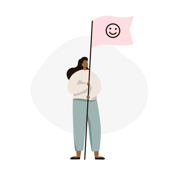 ilustraciones, imágenes clip art, dibujos animados e iconos de stock de mujer sosteniendo la bandera con señal de sonrisa. activista femenina con bandera. - bandera ilustraciones