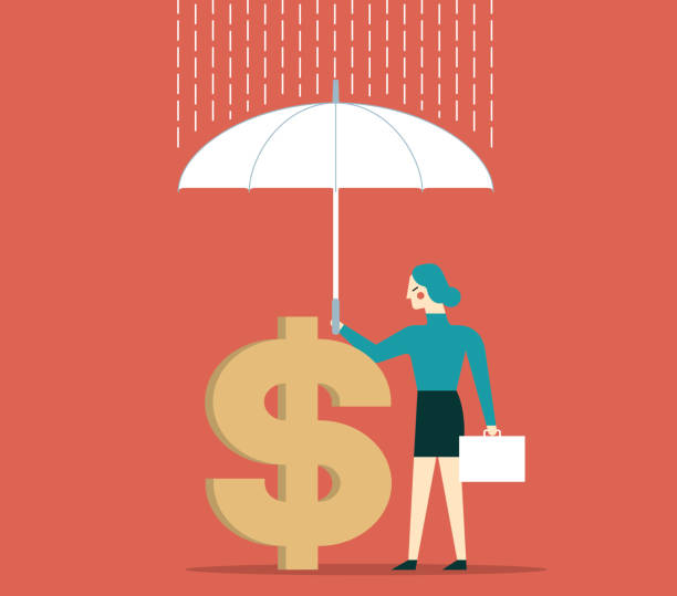 защита денег - бизнесвумен - security umbrella rain currency stock illustrations