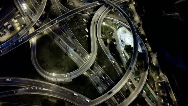 View from drone of highway  at night