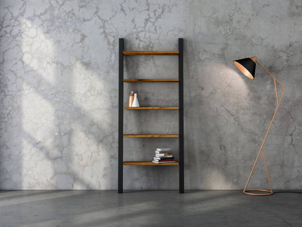istock Wooden shelving with lamp indoor 1163330564