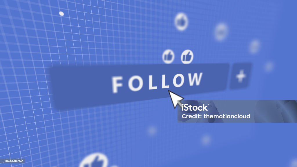 Social Media Follow Button Mouse Pointer Still image showing a social media activity with a mouse pointer Social Media Followers Stock Photo