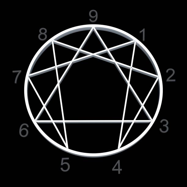 biały enneagram - liczby od 1 do 9 i czarne tło - number 4 three dimensional shape green environmental conservation zdjęcia i obrazy z banku zdjęć