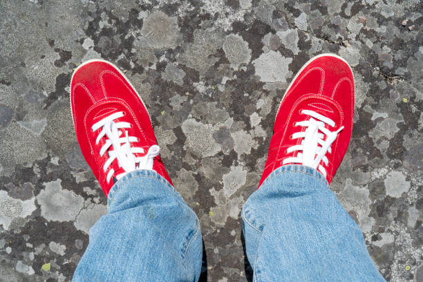istock Legs in sneakers. Top view. 1163332648