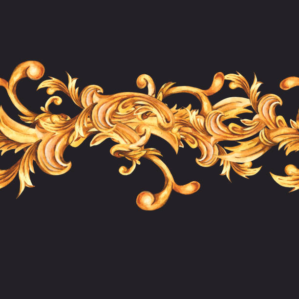 ilustrações de stock, clip art, desenhos animados e ícones de watercolor golden baroque floral seamless border with curl, rococo ornament. - 3144