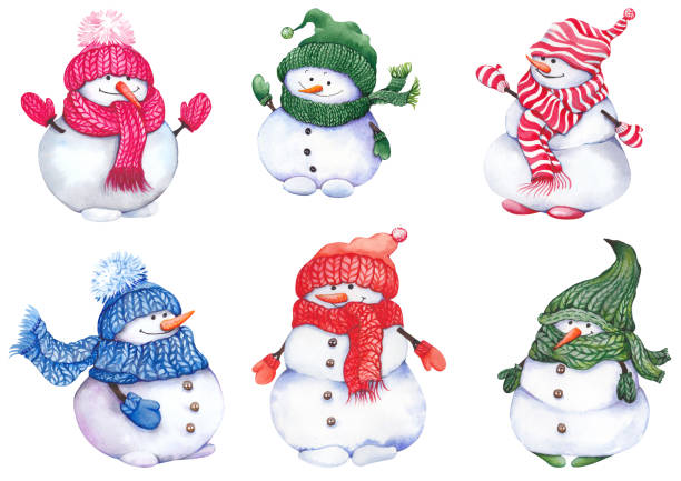 ilustrações de stock, clip art, desenhos animados e ícones de cute snowmen wearing knitted hats, scarves and mittens. - scarf hat green glove