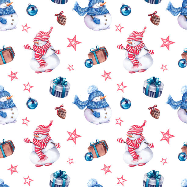 istock Seamless pattern with cute snowmen, gift boxes, Christmas balls, pine cones and stars. 1163335789