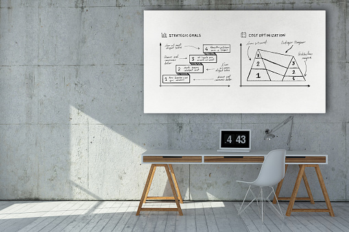 3d rendered modern workplace with business plan doodles on a whiteboard