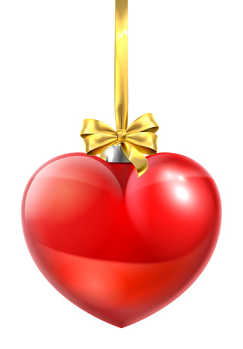 A heart shaped Christmas ball bauble ornament with a gold bow and ribbon