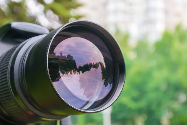 Close-up camera lens that reflects the street