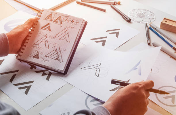 istock Graphic designer drawing sketch design creative Ideas draft Logo product trademark label brand artwork. Graphic designer studio Concept. 1163347025